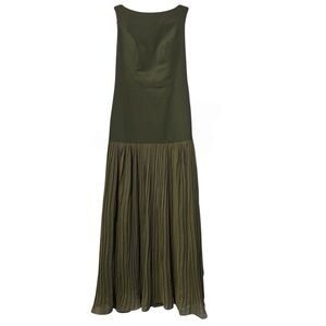 Elegant Olive Green Drop Waist Maxi Dress w/Flowy Pleated Skirt Asian Size 10